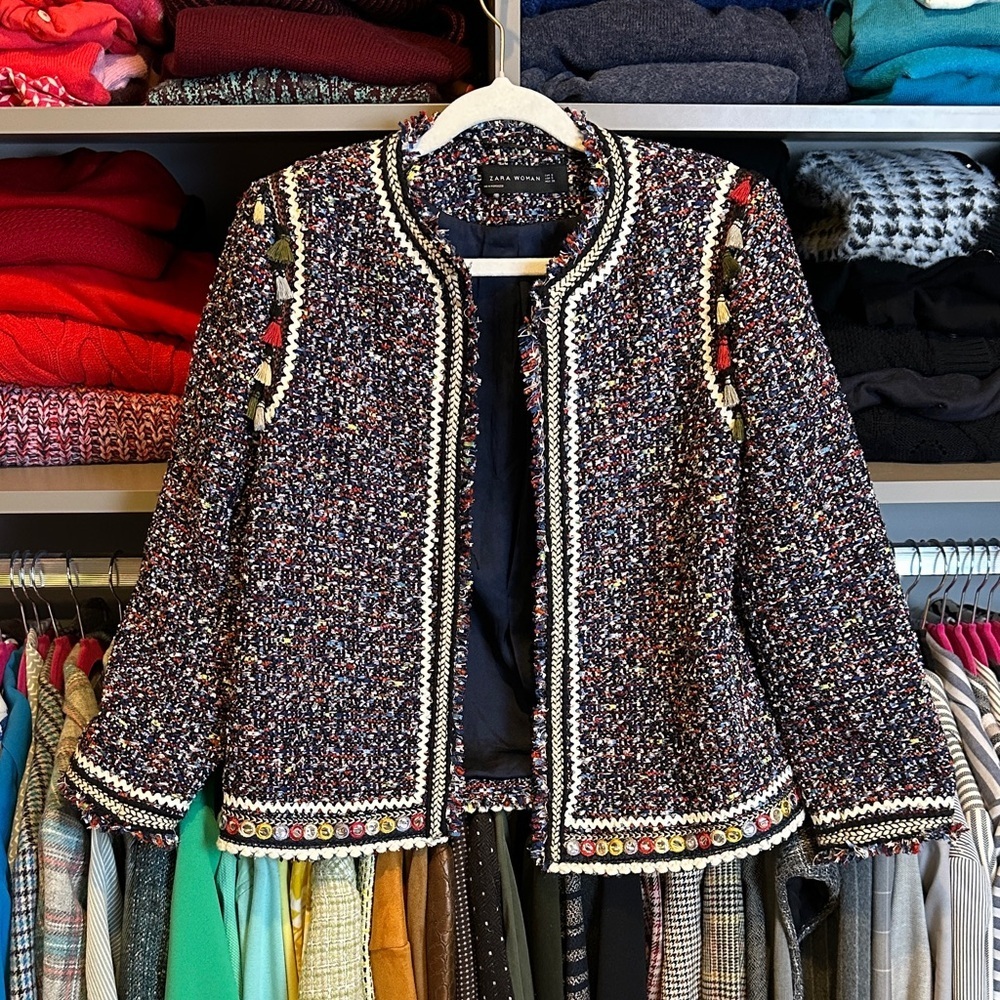 Zara navy/multicolored tweed tassel embellished open front blazer size S NWOT